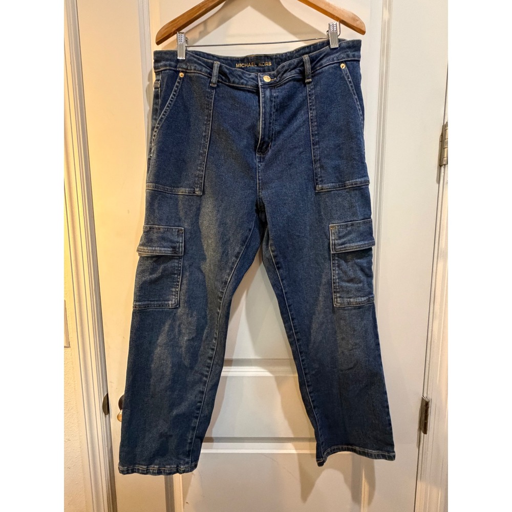 Michael Kors Womens Cargo Jeans Dark Wash Straight Leg Size 14 Utility Denim